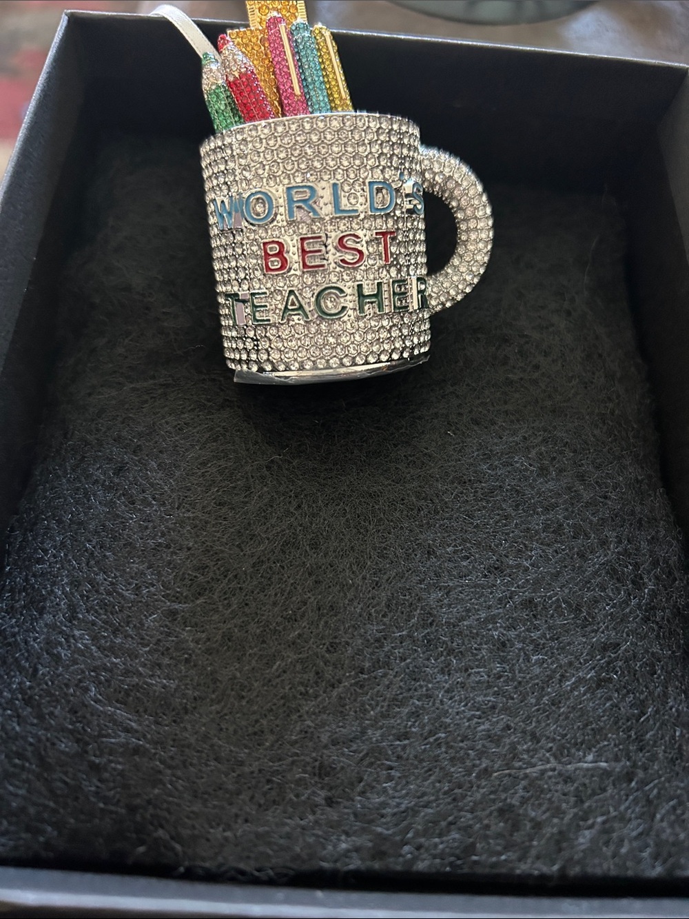 Crystal "World's Best Teacher" Mug Pendant - Multicolor Accent